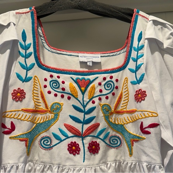 Mi Golondrina Mexico Embroidered Blouse Small White Cotton Folk Top - Picture 5 of 7